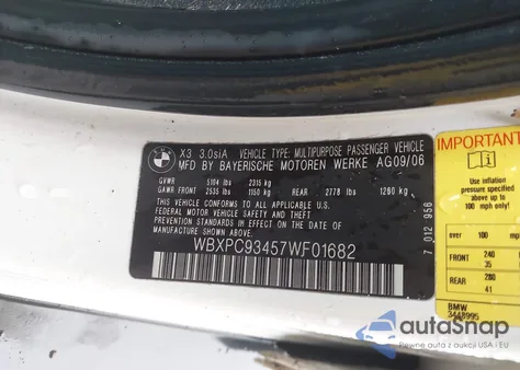 2007 BMW X3 3.0Si from USA, damaged, VIN WBXPC93457WF01682